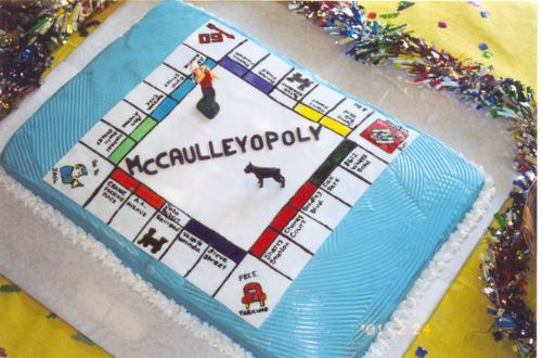 80th Birthday Cake - This cake was measured 12" by 18" and was decorated by painting on rolled fondant with food coloring. Each square was named after a family member, and finished with a golfer on top and a little dog figurine to make it extra special.