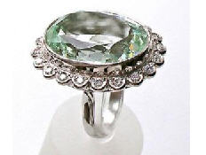 Aquamarine & Diamond Ring by Slick Willys - large victorian natural Aquamarine, surrounded by a carat of E/VVS RB Diamonds set in handcrafted 18k whit Gold