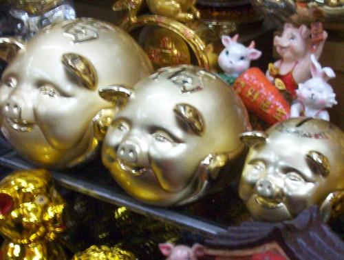 golden pigs - these are some of the golden pigs being sold in China Town here in Manila.