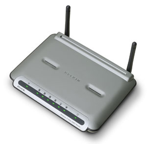 Belkin WIFI Router - This is a Belkin WIFI Router that allows computers with WIFI to connect with the router and allow up to four wired computers connection to the net via enternet ports.