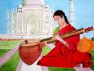 taj mahal - indian woman playing sitar infront of tajmahal.
