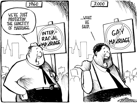 Gay marriage - A political cartoon by Darrin Bell. Found on rudypark.com under the topic of discrimination ( http://www.rudypark.com/editorialcartoons/topic_discrimination.asp )