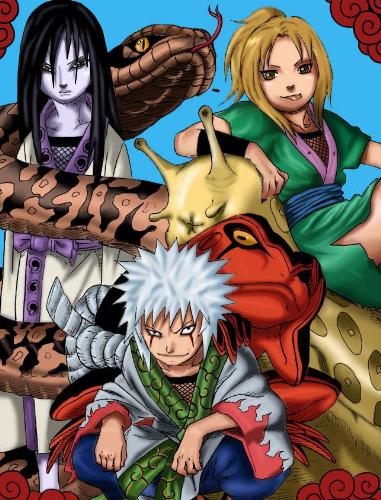 Sannin  - fan art of the sannin when they were younger. Left to right Orochimaru (snake sannin), Jiraiya (toad sannin), and Tsunade (slug snannin).