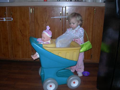 goin' shopping - My baby and her shopping cart. She loves to shop and push her baby and fill up her cart. I wish more stores provided these little carts for their little shoppers. She loves to go to the hardware store, they have one for the little kids to push!