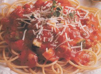 Spaghetti - Spaghetti is a long, thin form of pasta. It is versatile, popular, and available throughout the Western world. Spaghetti is the plural form of the Italian word spaghetto, which is a diminutive of 'spago,' meaning 'thin string' or 'twine'. The word 'spaghetti' can be literally translated as 'little strings.'  Spaghettini (thin spaghetti) takes less time to cook than regular spaghetti. There is also Spaghettoni (thick spaghetti) that takes longer to cook. All three types of spaghetti are larger than the other round-rod pastas (like vermicelli).  Most spaghetti sold and consumed is commercially prepared, then dried. Spaghetti is cooked by boiling the pasta in salted water until soft. The consistency or texture of spaghetti changes as it is cooked. The most popular consistency is al dente which is translated from the Italian as 'to the tooth'; that is soft but with texture, sometimes even with bite in the centre. Others prefer their spaghetti fully cooked, which gives it a much softer consistency. The best dried spaghetti is made from durum wheat semolina. Fresh spaghetti should be prepared with grade '00' flour. Inferior spaghetti is often found produced with other kinds of flour, especially outside Italy.  An emblem of Italian cuisine, spaghetti is frequently served in tomato sauce, which may contain various herbs (especially oregano and basil), olive oil, meat, or vegetables. Other toppings include any of several hard cheeses, such as Pecorino Romano, Parmesan or Asiago. Outside Italy it is often served with meatballs, although that is not a typical Italian recipe.  According to Neapolitan habit, eating spaghetti with a fork and a spoon is perfectly polite, though the view on this varies in other cultures. Many other Italians eat it with just a fork like most other Continental dishes, as they make use of shallow bowls to be able to roll it. The majority of Italians do not approve of people cutting their spaghetti.  In Asia, many people use chopsticks as a form of eating rather than forks, as chopsticks are custom in most Asian countries.  In parts of the US, a narrow size of macaroni is sold as elbow spaghetti. This is a misnomer, as this product is short and tubular, thus it's not a spaghetti at all.