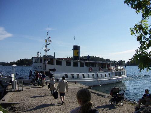 Stockholm archipelago - The boat is taking passagers at Grinda island. The Grinda island has cottages to rent, forest and pastures, small beaches and a restaurant. The boat goes several times a day from Stockholm city (Strömkajen) to Grinda via Waxholm town.