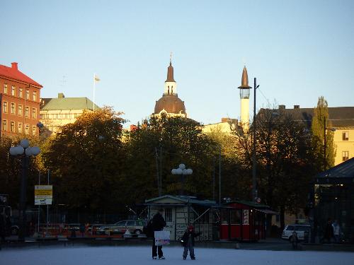 Stockholm mosque and a church - Stockholm mosque lies at a heigt in township Södermalm, central city. It has as a neighbour a church. In picture at skyline mosque minaret and church tower. I like the sight.