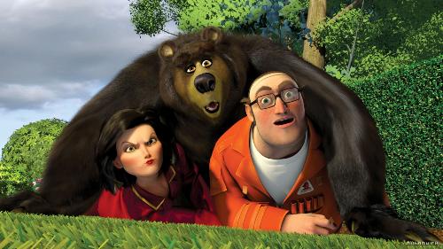 over the hedge - The bear jumps on the 'Exterminator' and his boss..