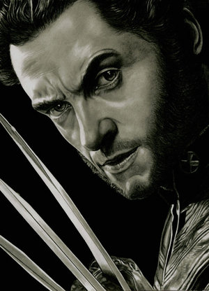 Wolverine - Black and white image of the character Wolverine portrayed by Hugh Jackman in the X-men movies.