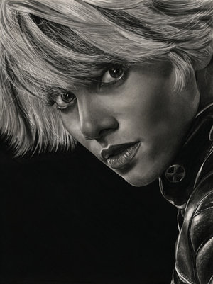 Storm - Black and white image of the character Storm portrayed by Halle Berry in the X-men movies.