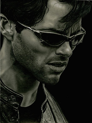 Cyclops - Black and white image of the character Cyclops portrayed by James Marsden in the X-men movies.