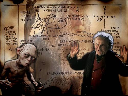 Bilbo - Wallpaper I created depicting the character of Biblo, Gollum and Gandalf along with the map of middle earth from the movies of the Lord of the Rings Series