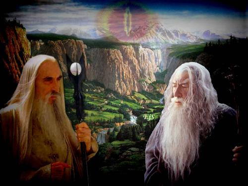 Wizards - Wallpaper I created depicting the characters of Gandalf and Suramon with the great Eye looking on, from the movie series Lord of the Rings
