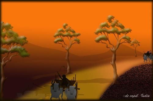 Nature at remote areas - Here is one of my Fine-Art drawn using Photoshop describing the nature in remote areas where I was enjoyed at my childhood riding on bullok-carts.