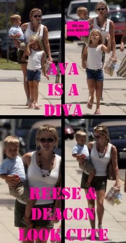 reese witherspoon & kids - a picture of reese witherspoon walking her kids to a birthday party