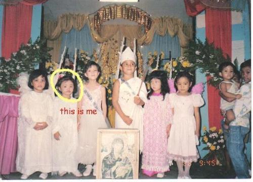 cute little angels - This photo is taken way back when we were still kids obviously. It was in our chapel that it was shot. There was a Santacruzan in our place and we were appointed to become angels, I am one of them. See me? Together with me were my three cousins and the only thorn among the roses was a friend just in our neighborhood. Starting from the right is kitty, ME - ebeb, merila who's now in kotzebue alaska, norman, enel, and my long lost friend hazel. Then, the baby in the rightmost is jake, little brother of kitty who's carried by eric, a neighbor. Just want to share this picture. This is so memorable to me. Take care guys!