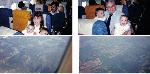 An Plane trips with my twins - Starting in the upper left corner, me holding the twins. to the upper right John Morse is holding my twins. The bottom photos are shot through the window. 