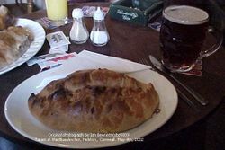 A cornish pasty - This is a photo from Wikipedia of a traditional Cornish pasty.