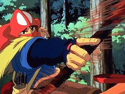 Mononoke Hime - Ashitaka riding Yakuru at the movie, ready to shoot the first arrow on a camp war.