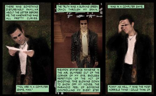Max Payne - A screen shot of the game Max Payne where the character, Max Payne, has a nightmare and thinks he is in a videogame called max payne. funny.