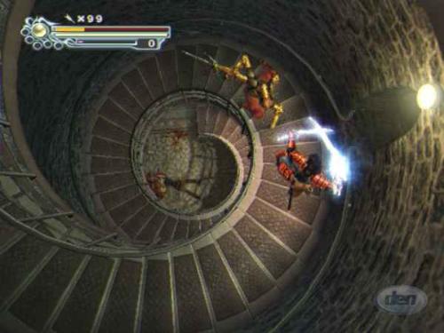 Onimusha 3 - A screen shot where shows Samonosuke at a circle stairs fighting with some 'oni', a great game.