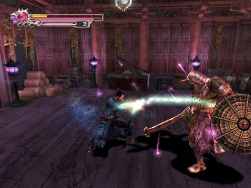 Onimusha 3 - A screen shot where shows the french guy fighting with the 'oni' at the past world.