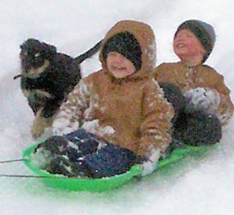 Having fun in the snow - My sons and our pup playing in the snow.