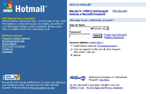 Hotmail! - a screenshot of the hotmail log in page.