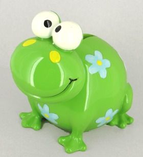 Put money in me? - A picture of a cute green froggie coin bank. Encourages good saving habits.