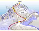 North Face of Mount Everest - North Face of Mount Everest the highest mountain peak in the world. The red line shows the expeditions route.
