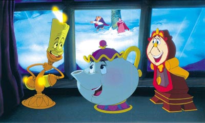 Beauty and The Beast - Lumiere, Mrs. Potts and Cogsworth watching Belle and Beast snowball fight while singind, Something There.