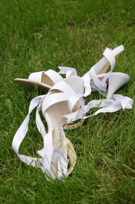 wedding, marriage, wedding shoes - wedding shoes with lace and ribbon on grass, white wedding shoes, brand name I am sure