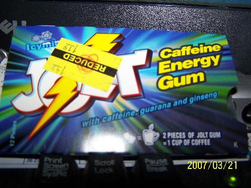 Jolt Caffeine Energy Gum - This is gum that has the effect of 1 cup of coffee for each 2 pieces chewed.
