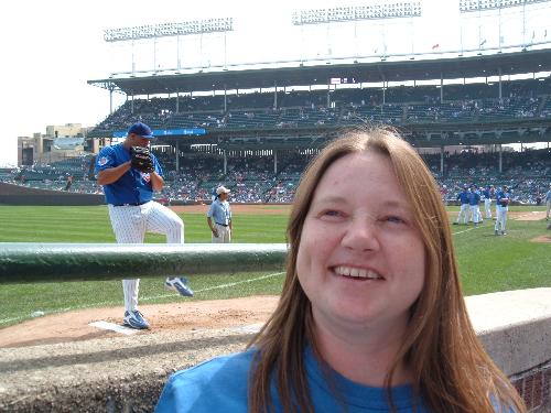 Cubs - Michelle in front of Zambrano at the Cubs game.