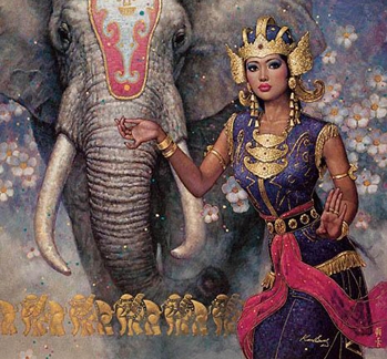 nice historical drawing - an imaginary historical drawing an woman with elephant