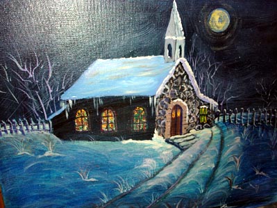 church at night - church at night, church in the snow, artwork, acrylic