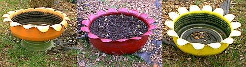 Planters from Recycled Tires - A variety of shapes can be made for attractive recycled tire yard planters! painted in bright colors, they are most appealing. Best of all they are free and save the landfills!