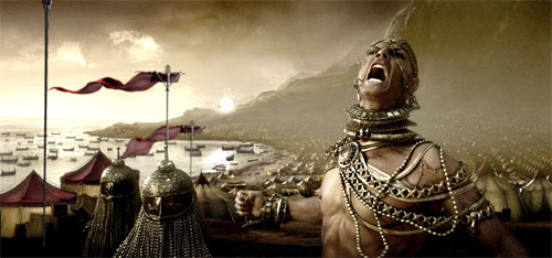 Xerxes - Xerxes is bursting out of anger in the epic movie 300. In the backgroud is the camp of his force.