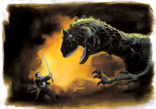 Hiro vs Dino - The painting by Isaac Mendez where Hiro Nakamura meets the T-Rex