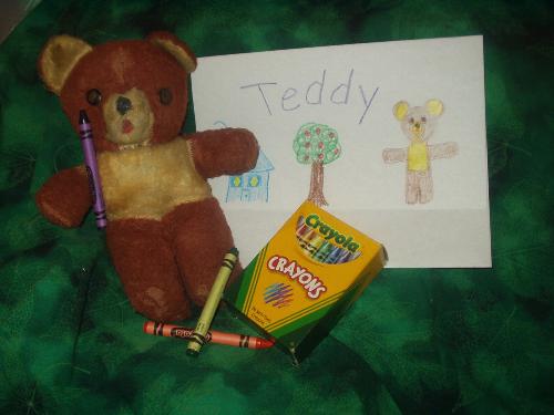 Teddy is an artist! - My 40 year old Teddy Bear and his self-portrait.