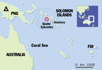 Tsunami map - The area between our coast & the Solomon Islands, showing where the earthquake hit.