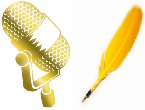 Can you speak or write better? - A picture of a microphone and a quill.
