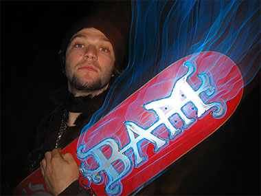 bam and his board - this pic is freakin hot. i love the effect with the flames.