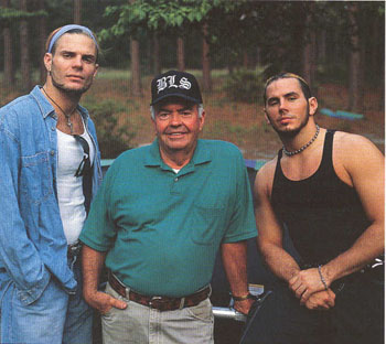 The Hardy Boyz - This is Matt and Jeff Hardy with their father, Gilbert. The Hardy Boyz were one of the best known Tag teams in WWE Wrestling