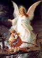 Angel protection - Angel watching over the kids while walking across the unsafe bridge. Angel protection - Angel watching over the kids while walking across the unsafe bridge.