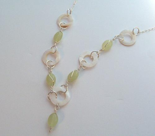 Wyred On Wire Jewelry  - Rings around Jade necklace handcrafted by Jewelry Artist Alicia Weeks with Wyred On Wire.Sterling Silver, Mother of Pearl and Jade