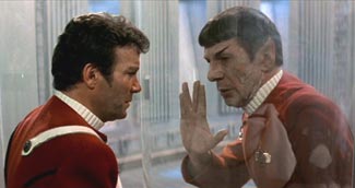 Spock Says Goodbye - Kirk and Spock say their farewells as Spock succumbs to radiation poisoning after saving the Enterprise. This image is a screenshot from a copyrighted film, and the copyright for it is most likely owned by the studio which produced the film, and possibly also by any actors appearing in the screenshot. It is believed that the use of a limited number of web-resolution screenshots for identification and critical commentary on the film and its contents qualifies as fair use under United States copyright law. Any other uses of this image, on Wikipedia or elsewhere, may be copyright infringement. See Wikipedia:Fair use for more information.