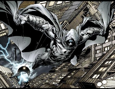 Moon Knight - This photo is a dramatic shot of Moon Knight, one of Marvel Comic's heroes, flying through the air and into action! Duh-duh-duh-duh, duh-duhhhhhhhh!
