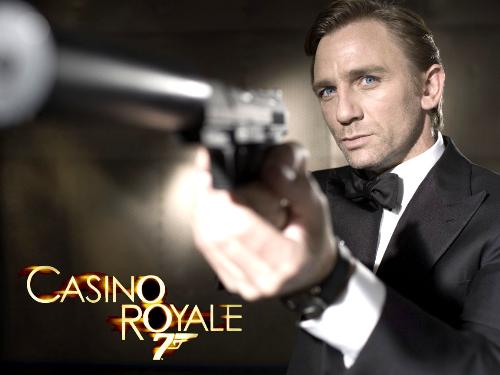 Casino Royale - This photo is the famous shot from Casino Royale, featuring James Bond in a tuxedo, aiming his silenced weapon down at some unfortunate assailant.