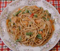 pasta - Spaghetti with Chipolte Peanut Butter Sauce, Carrots, and String Beans.